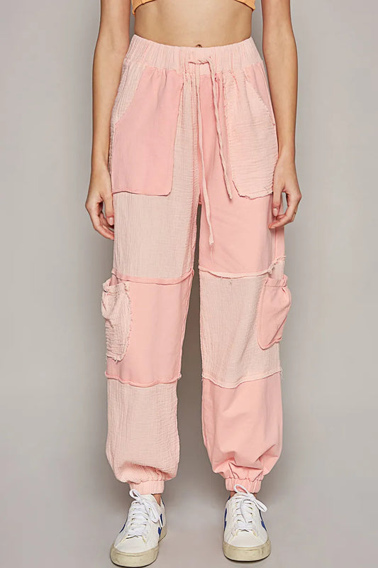 Patchwork Cargo Joggers with Drawstring Pockets