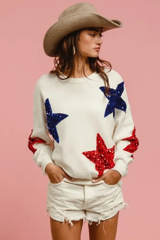 Patriotic Star Embellished Knit Pullover