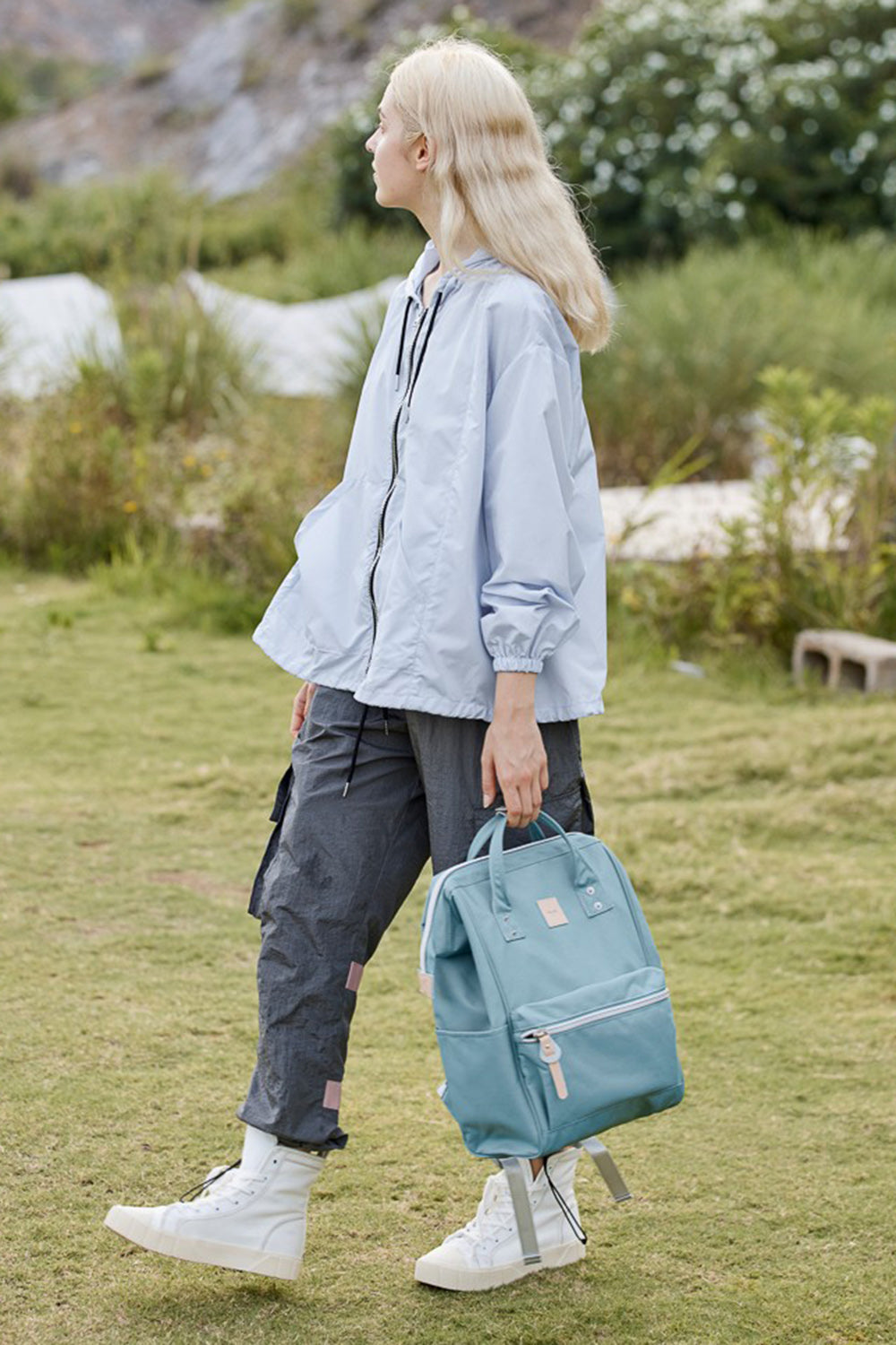 Water Resistant Canvas Backpack Bag with Side Pockets - Light Gray